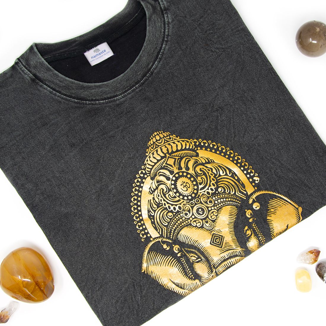 Unisex Stone Washed Ganesh Print T-Shirt - Black