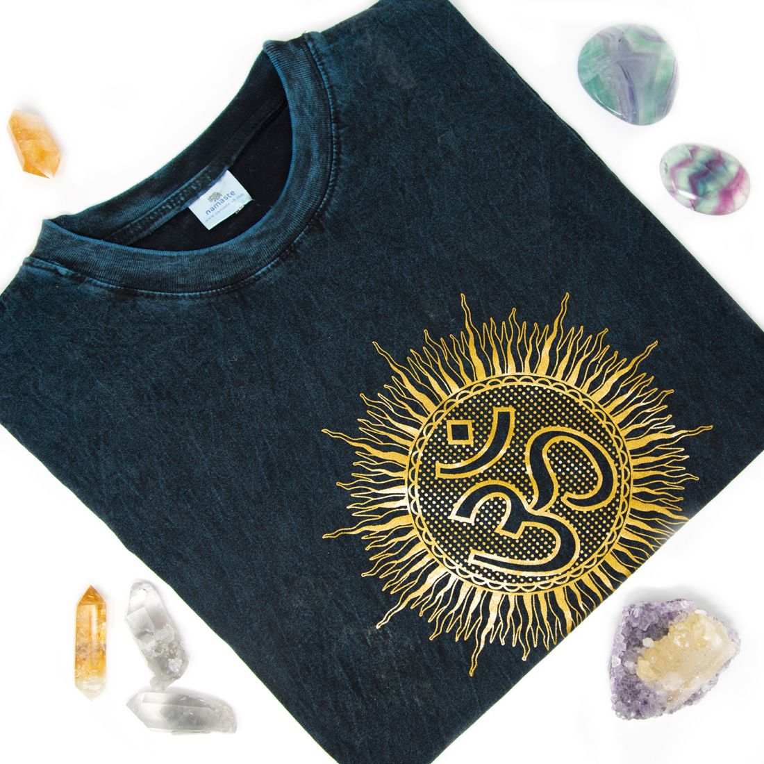 Unisex Stone Washed Om with Sun Print T-Shirt - Petrol